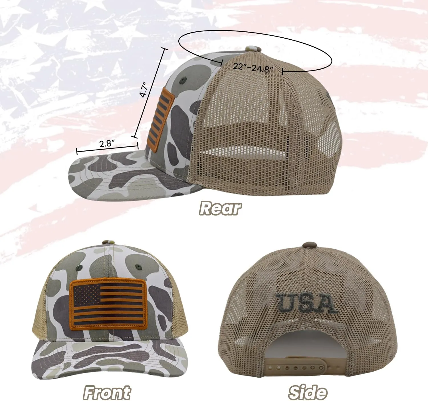 3 Pieces Flag Trucker Hat Camouflage Baseball Cap for Men & Women Breathable Mesh Adjustable Fit Camo Hat