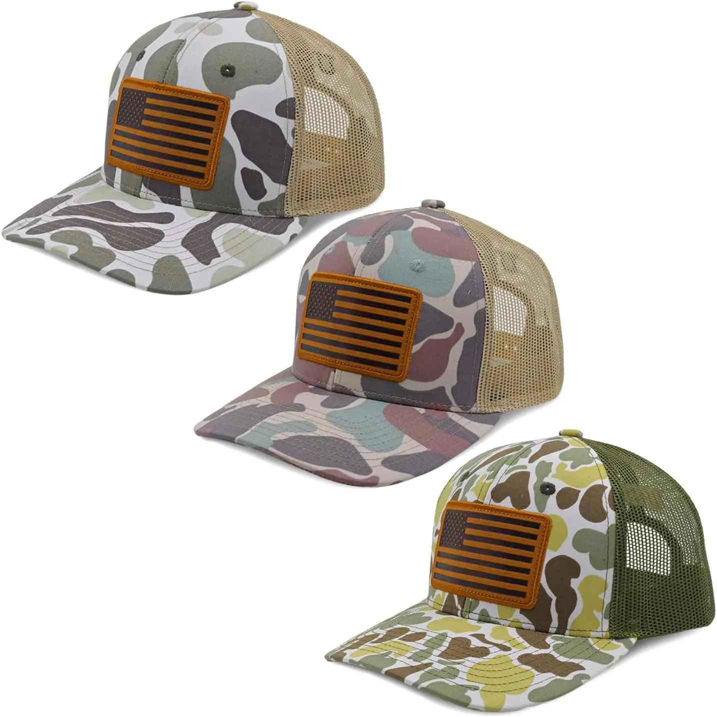3 Pieces Flag Trucker Hat Camouflage Baseball Cap for Men & Women Breathable Mesh Adjustable Fit Camo Hat