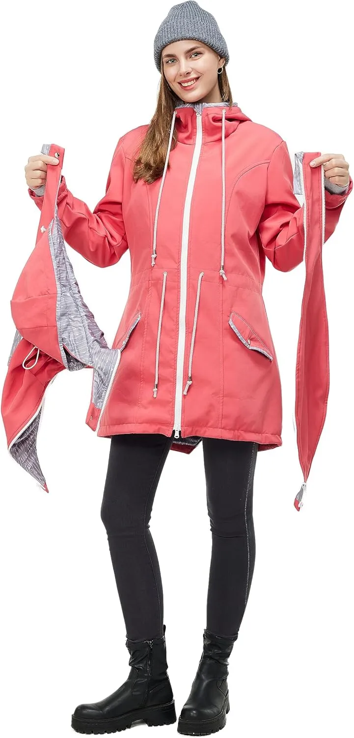 4-in-1 Rain Jacket Waterproof Maternity Carrying Parka for Back or Chest Wear, All-Weather, Softshell Jacket