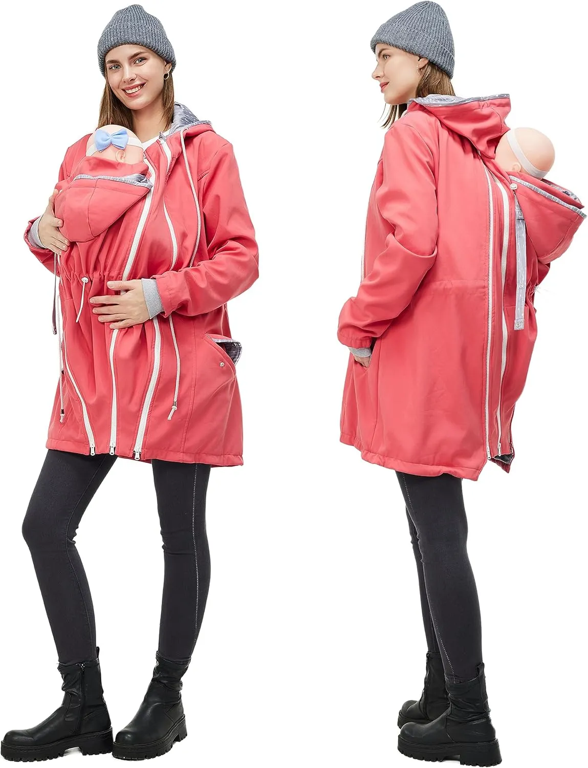 4-in-1 Rain Jacket Waterproof Maternity Carrying Parka for Back or Chest Wear, All-Weather, Softshell Jacket
