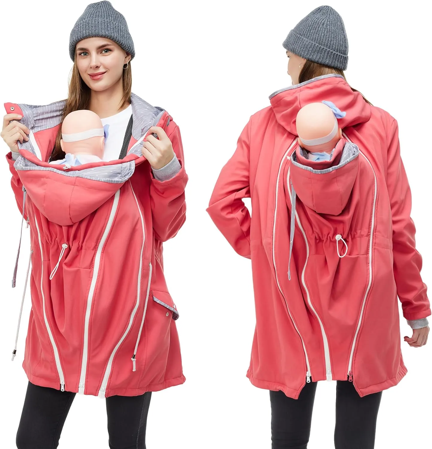 4-in-1 Rain Jacket Waterproof Maternity Carrying Parka for Back or Chest Wear, All-Weather, Softshell Jacket
