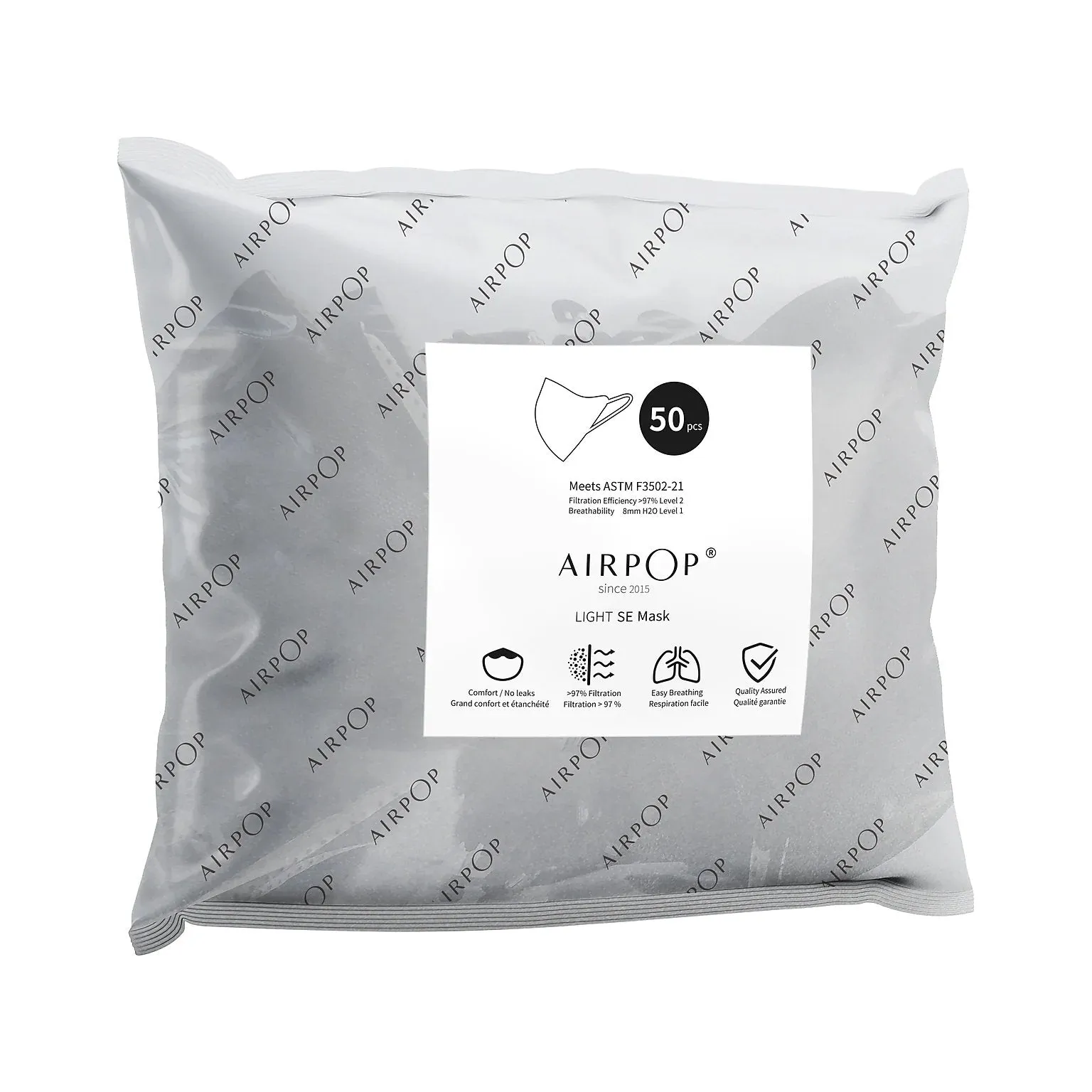 AirPop Light SE Face Masks, Washable and Reusable, Adjustable Fit, Black, 43576 (Bulk Pack of 50)