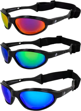 Birdz Eyewear Sail Padded Jetski Sunglasses Goggles Polarized Sports Watersports Boating Fishing for Men or Women 3 Pairs Black Frames w/Red, Green & Blue Mirror Lenses