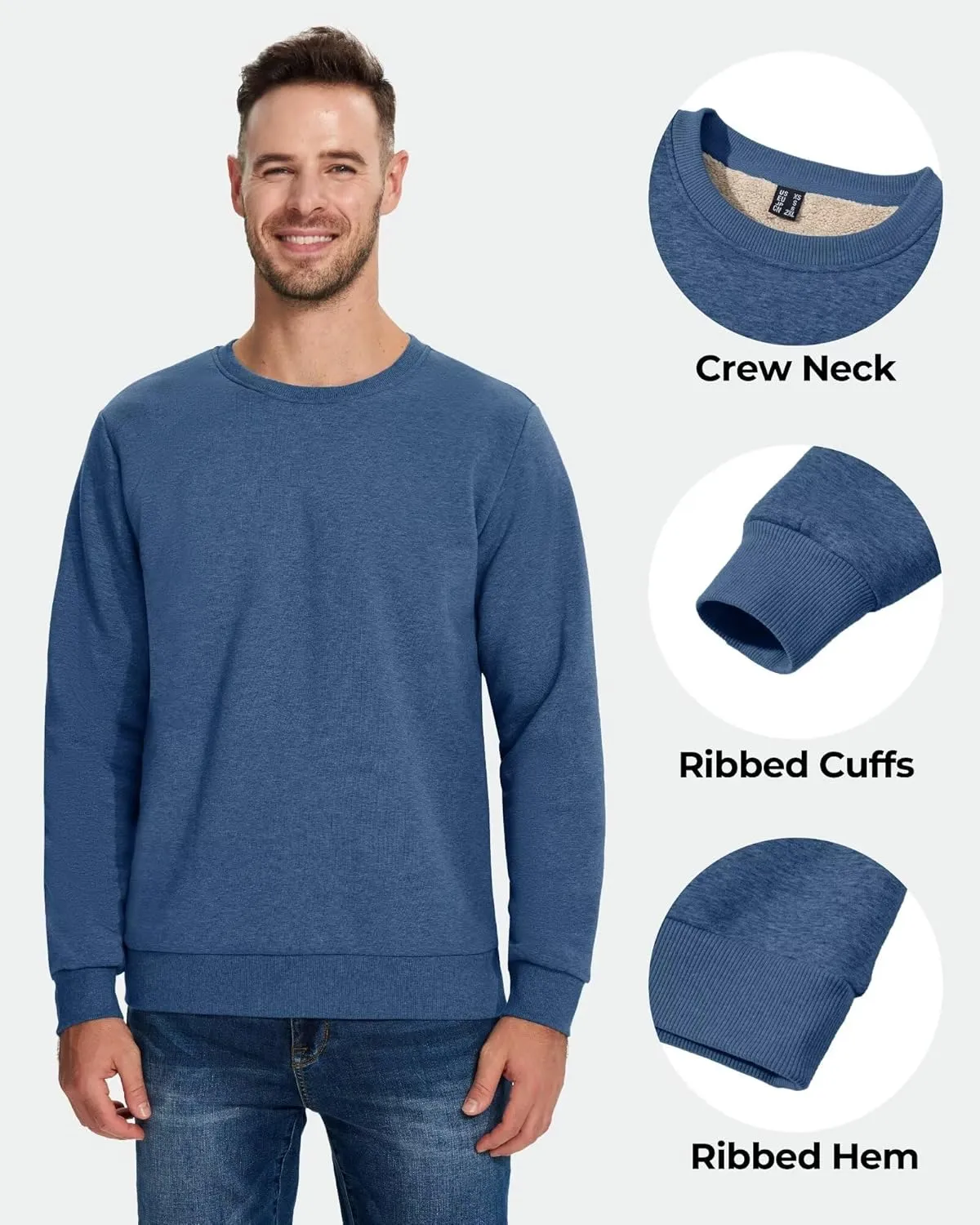 Boladeci Men's Full Sherpa Lined Crewneck Sweatshirts Premium Heavy-weight Fleece Pullover Thick Thermal Cotton Sweat-Shirts