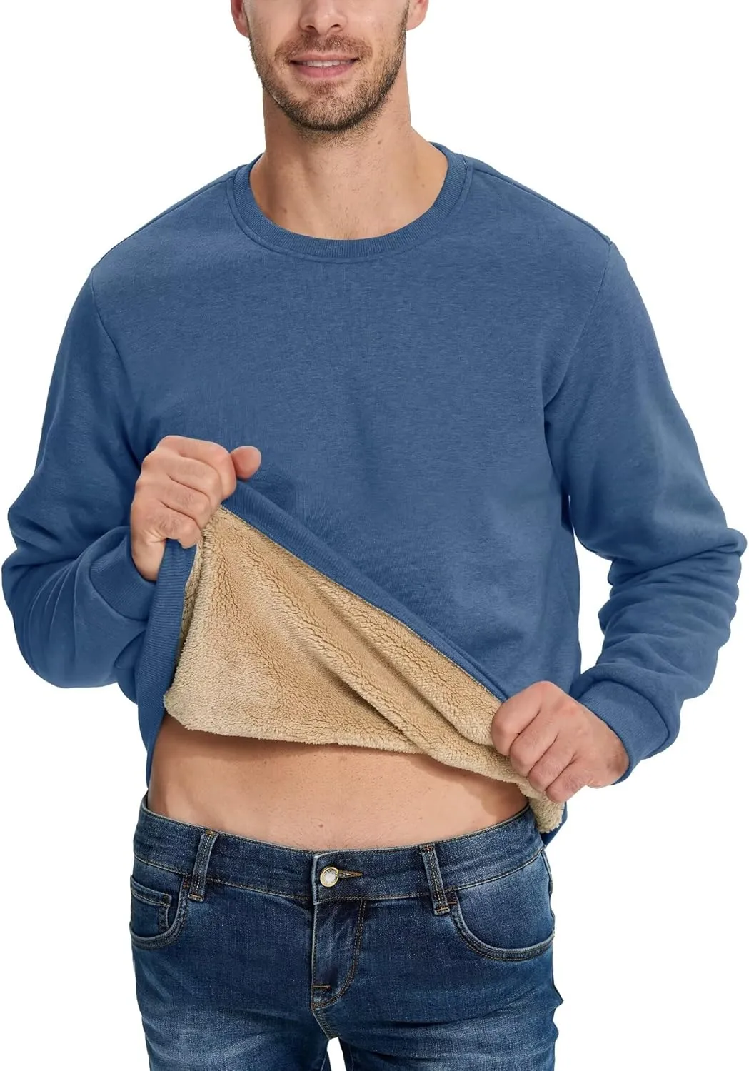 Boladeci Men's Full Sherpa Lined Crewneck Sweatshirts Premium Heavy-weight Fleece Pullover Thick Thermal Cotton Sweat-Shirts