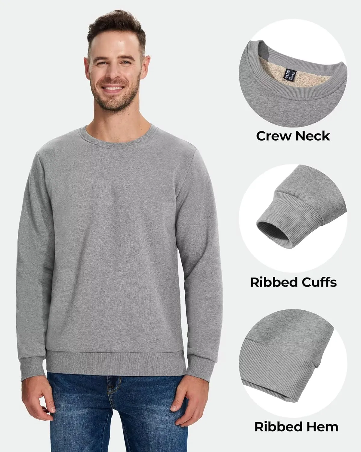 Boladeci Men's Full Sherpa Lined Crewneck Sweatshirts Premium Heavy-weight Fleece Pullover Thick Thermal Cotton Sweat-Shirts