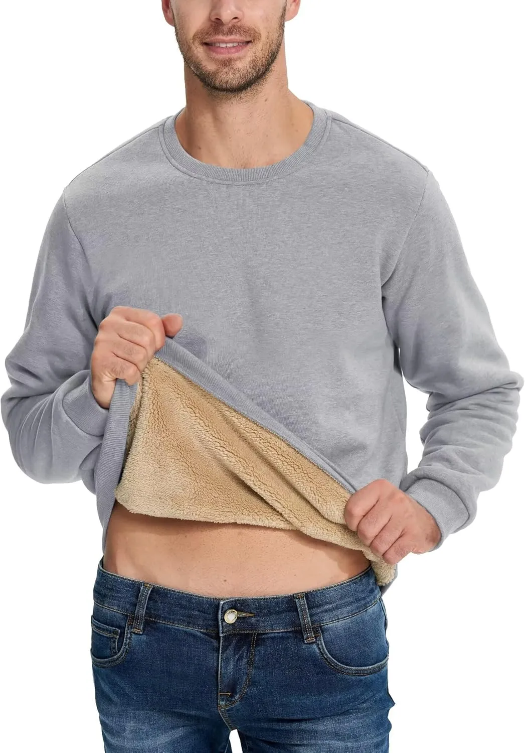 Boladeci Men's Full Sherpa Lined Crewneck Sweatshirts Premium Heavy-weight Fleece Pullover Thick Thermal Cotton Sweat-Shirts
