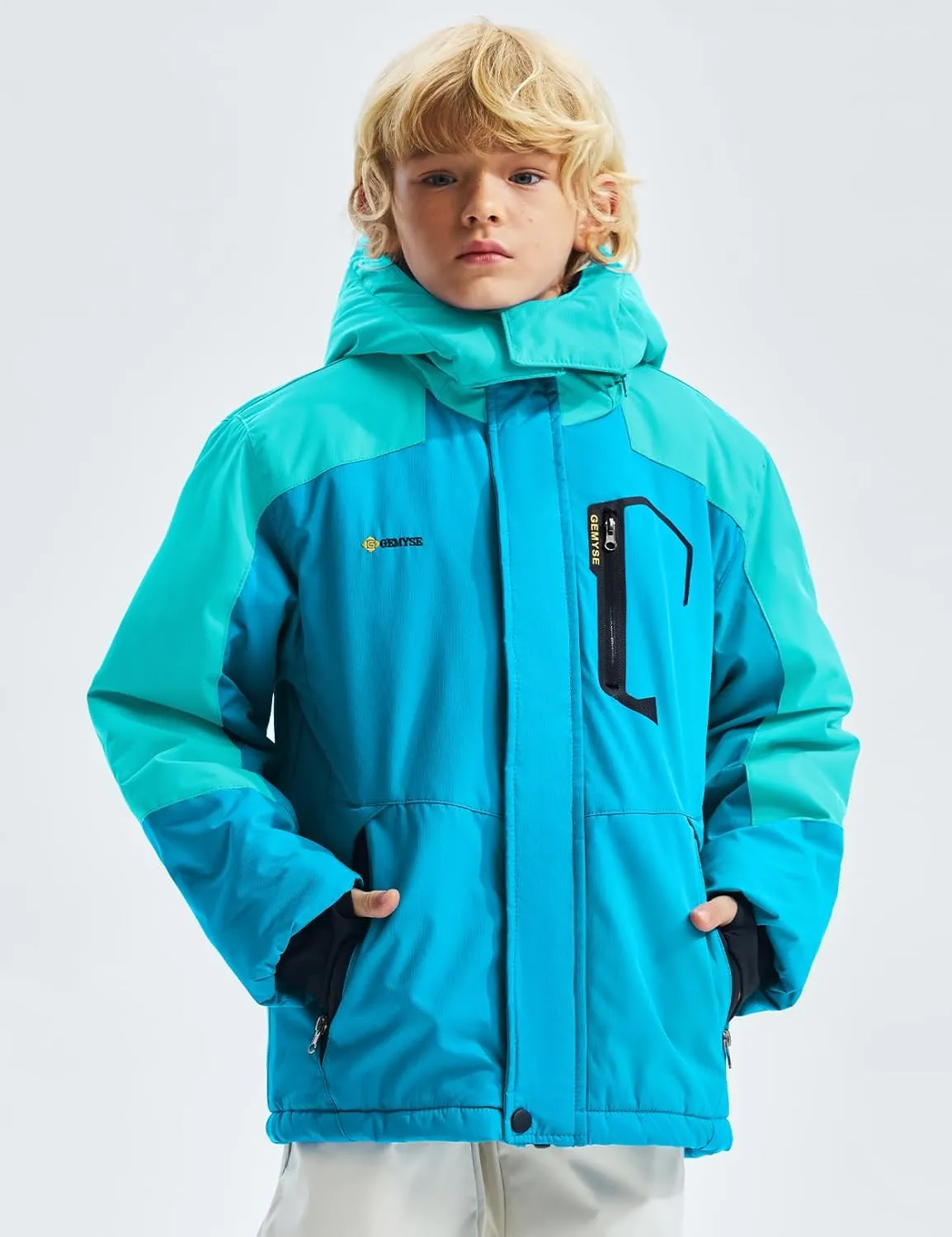 GEMYSE Boy's Waterproof Ski Snow Jacket Hooded Fleece Windproof Winter Jacket
