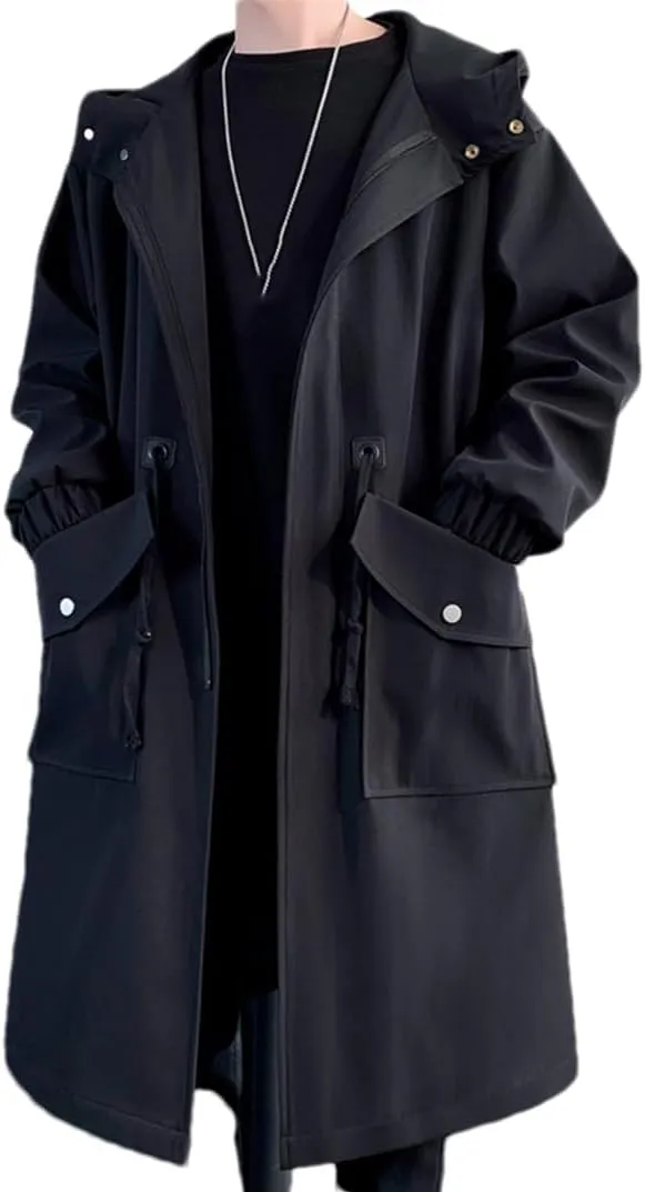 Men Long Hooded Trench Coat Jacket Autumn Spring Black Hip Hop Zippers Coats Casual Jackets