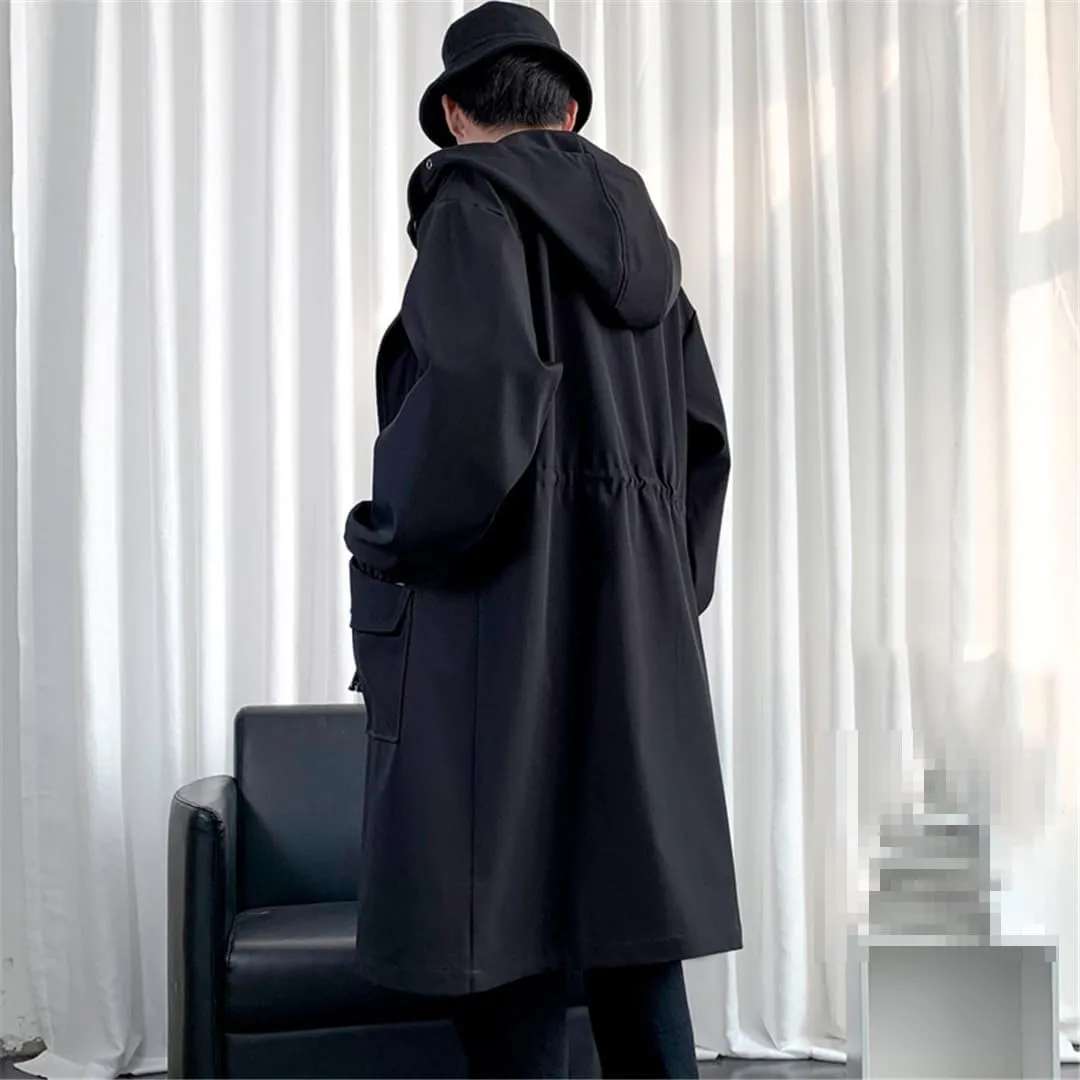 Men Long Hooded Trench Coat Jacket Autumn Spring Black Hip Hop Zippers Coats Casual Jackets