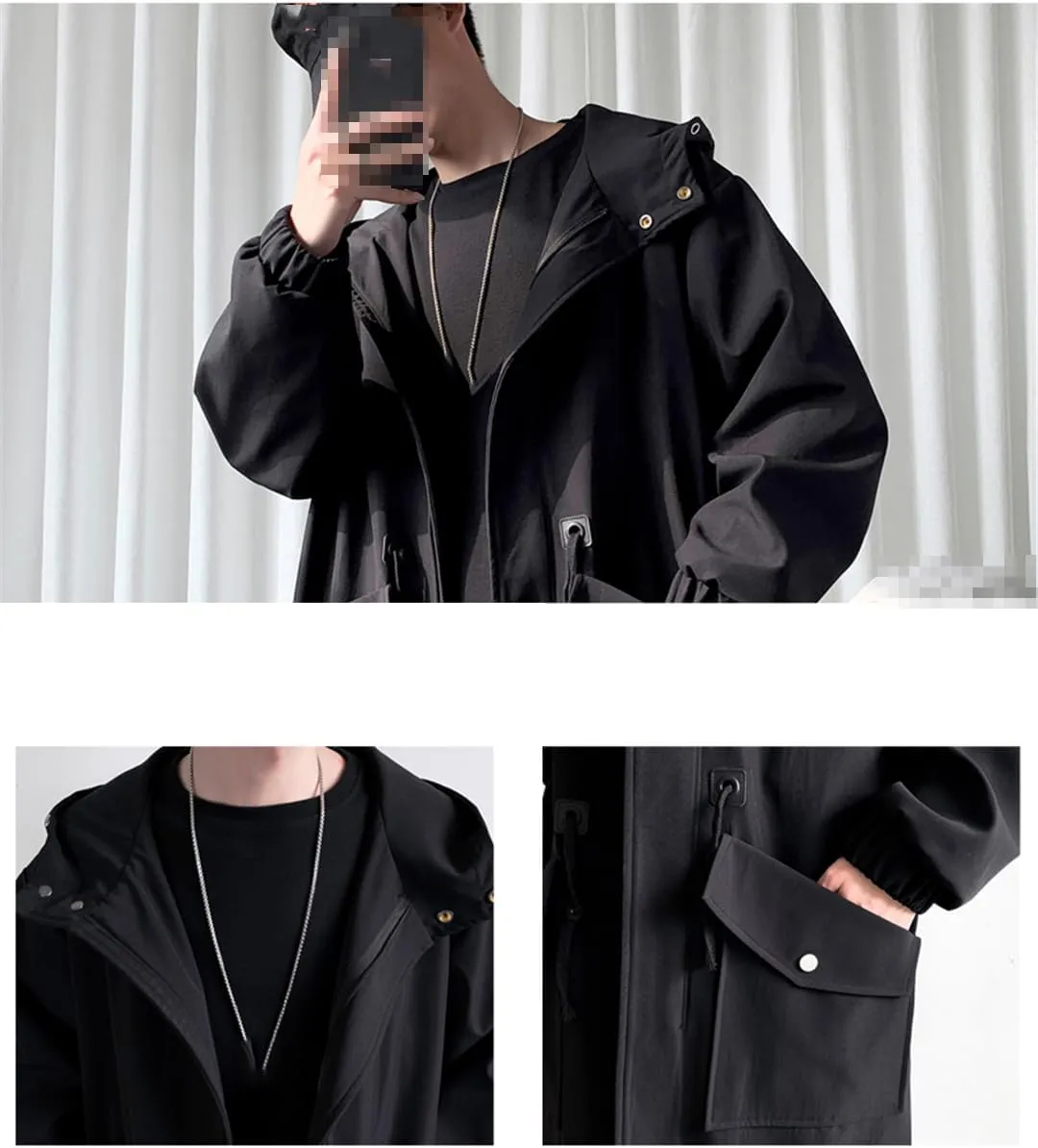 Men Long Hooded Trench Coat Jacket Autumn Spring Black Hip Hop Zippers Coats Casual Jackets