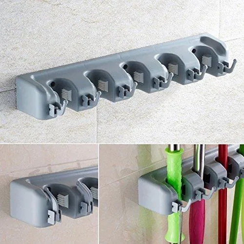 Mop Broom Holder,Wall Mounted Garden Tool Organizer Space Saving Storage Rack Hanger with 5 Position with 6 Hooks Strong Grip Holds up to 11 Tools for Kitchen Garden and Garage