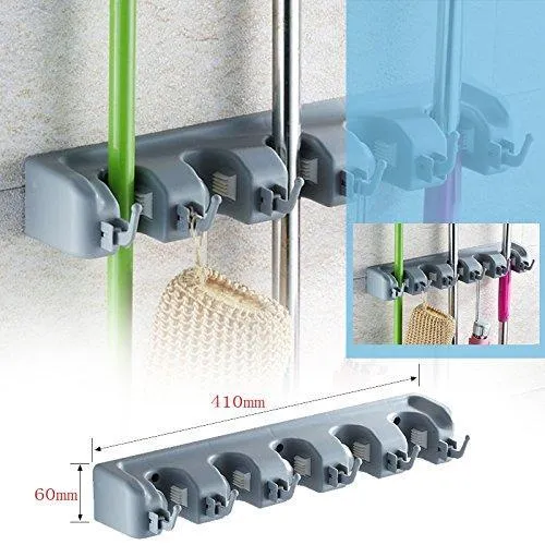 Mop Broom Holder,Wall Mounted Garden Tool Organizer Space Saving Storage Rack Hanger with 5 Position with 6 Hooks Strong Grip Holds up to 11 Tools for Kitchen Garden and Garage