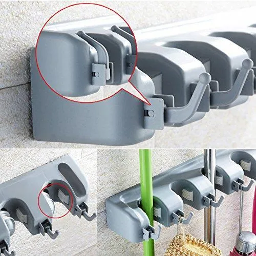 Mop Broom Holder,Wall Mounted Garden Tool Organizer Space Saving Storage Rack Hanger with 5 Position with 6 Hooks Strong Grip Holds up to 11 Tools for Kitchen Garden and Garage