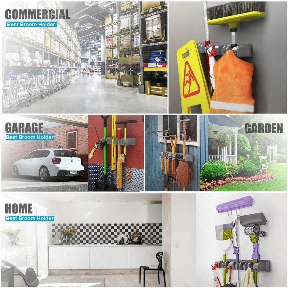 Mop Broom Holder,Wall Mounted Garden Tool Organizer Space Saving Storage Rack Hanger with 5 Position with 6 Hooks Strong Grip Holds up to 11 Tools for Kitchen Garden and Garage