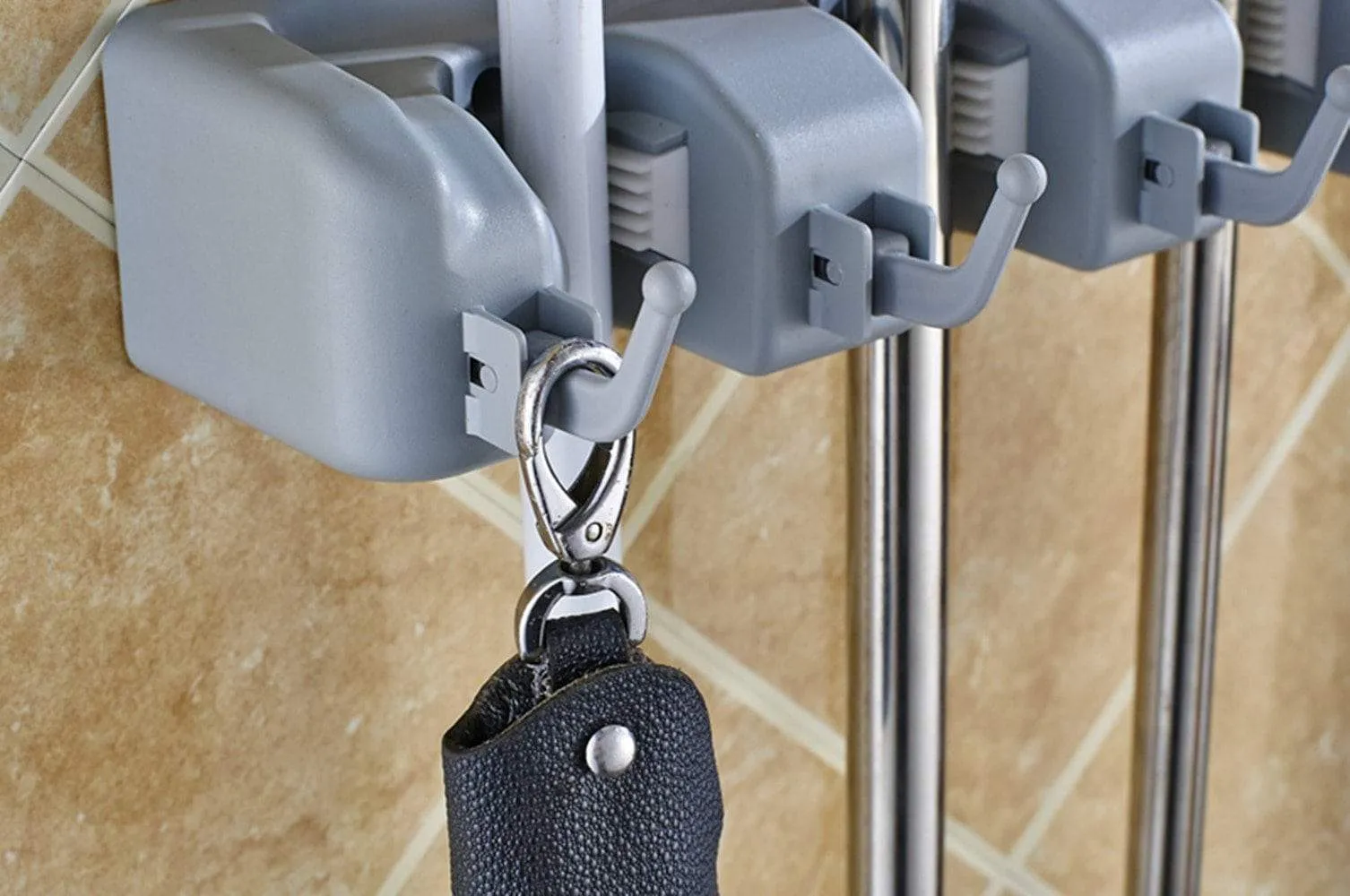 Mop Broom Holder,Wall Mounted Garden Tool Organizer Space Saving Storage Rack Hanger with 5 Position with 6 Hooks Strong Grip Holds up to 11 Tools for Kitchen Garden and Garage