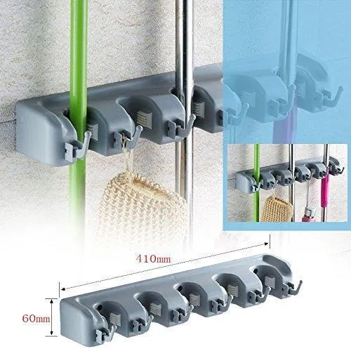 Mop Broom Holder,Wall Mounted Garden Tool Organizer Space Saving Storage Rack Hanger with 5 Position with 6 Hooks Strong Grip Holds up to 11 Tools for Kitchen Garden and Garage