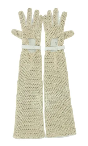 PRADA White Crochet Knit Mid Arm Leather Trim Elbow Gloves-Size 7