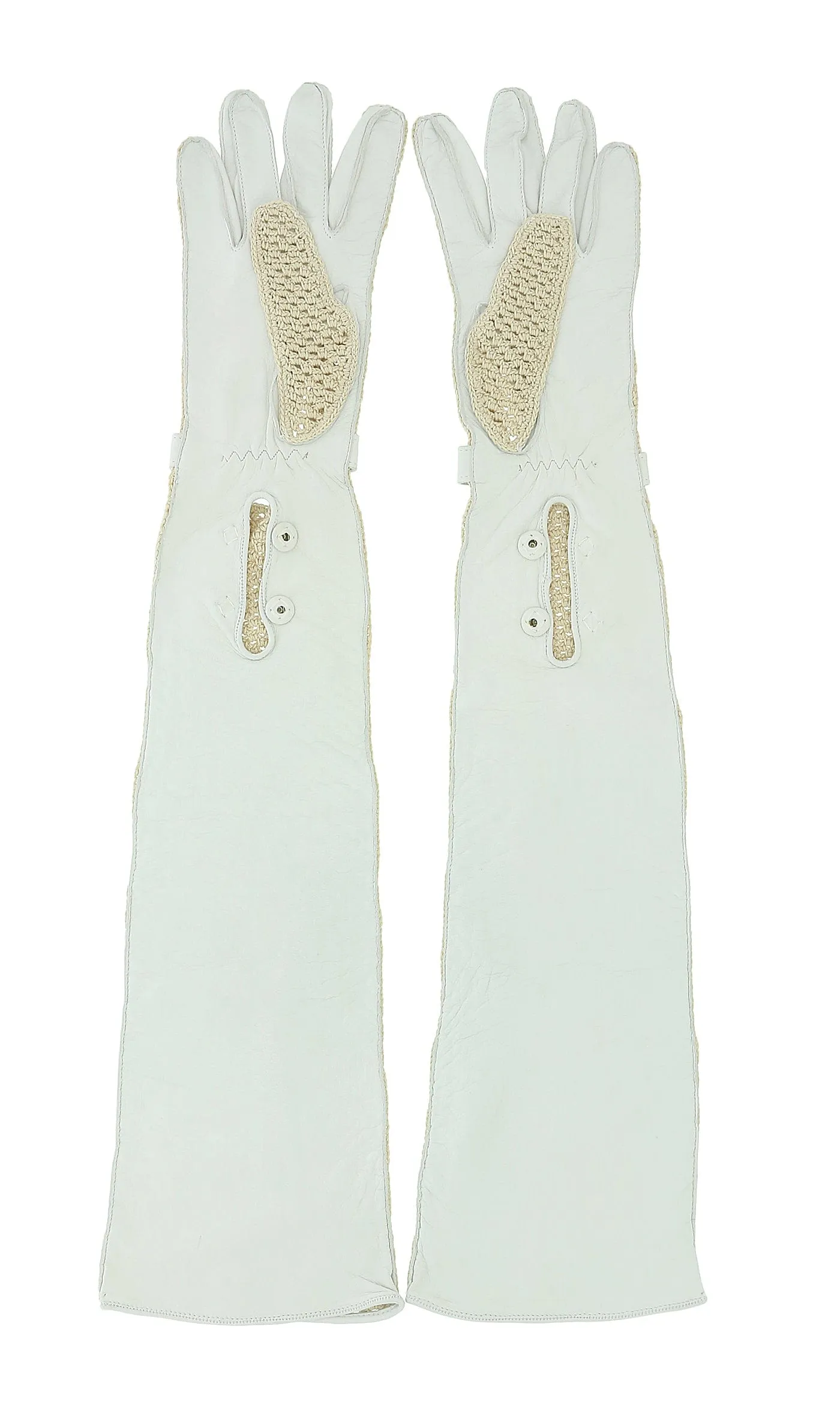 PRADA White Crochet Knit Mid Arm Leather Trim Elbow Gloves-Size 7