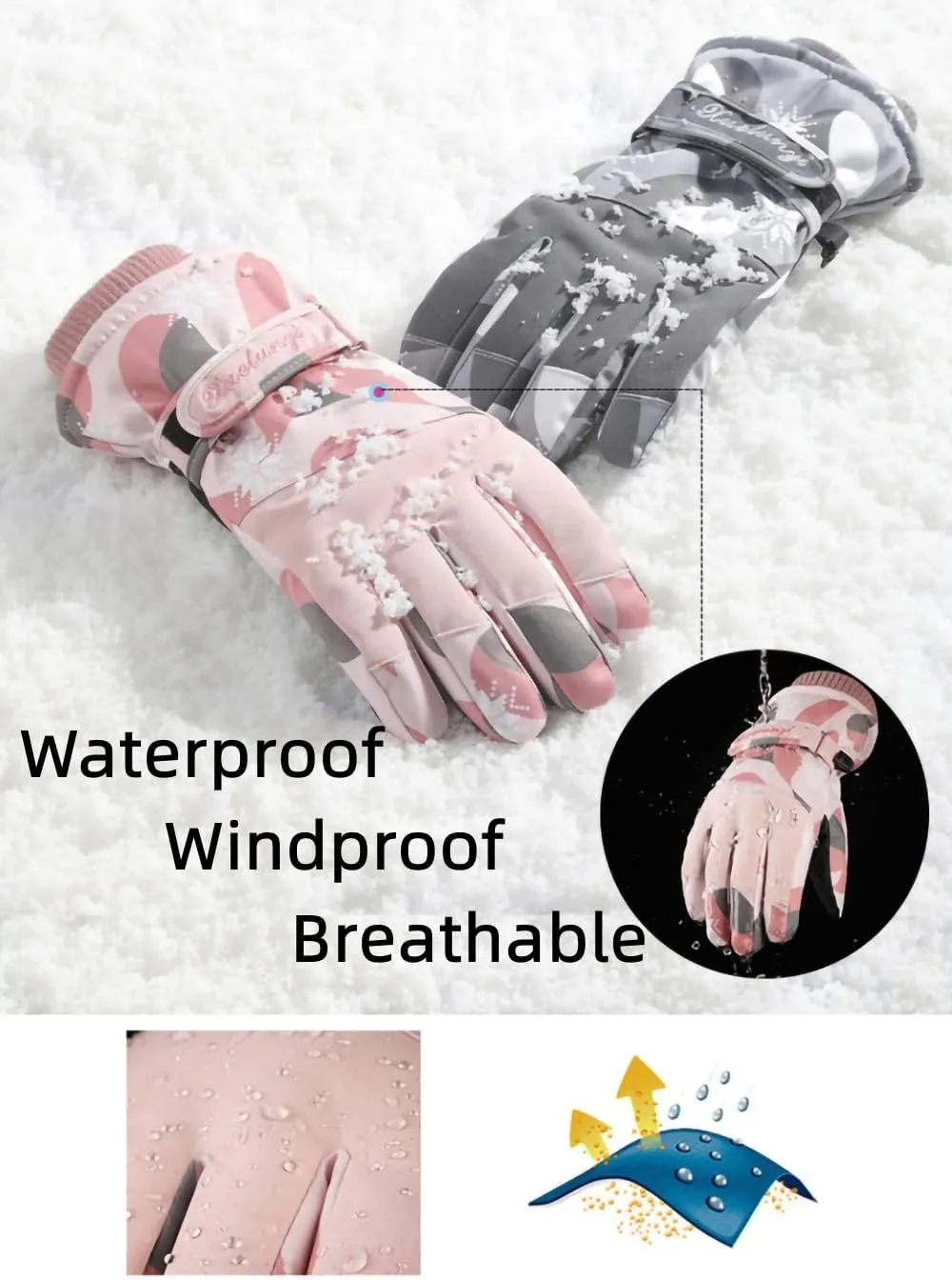 Ski Gloves, Waterproof Insulated Winter Gloves for Men Women, Touchscreen Liners Snow Gloves for Cold Weather