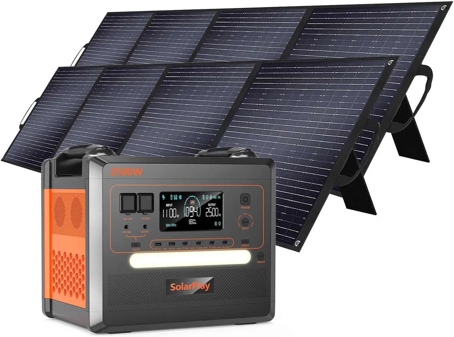 SOLARPLAY 2500W Portable Power Station, 2304Wh Solar Generator with 2x200W Solar Panels 1.5Hrs Fast Charging LFP Battery 4 AC Outlets Emergency Power Station for Home Camping Battery Backup