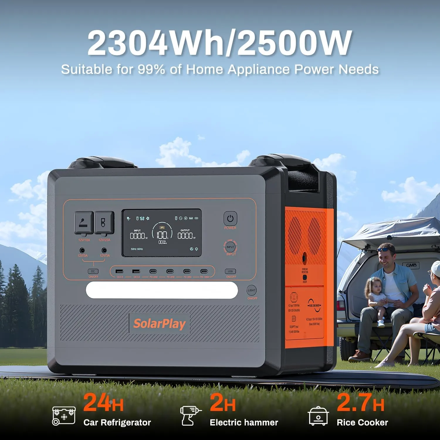 SOLARPLAY 2500W Portable Power Station(Peak 4800W), 2304Wh Solar Generator with 200W Solar Panel 1.5Hrs Fast Charging LFP Battery 4 AC Outlets Emergency Power Station for Home Camping Backup
