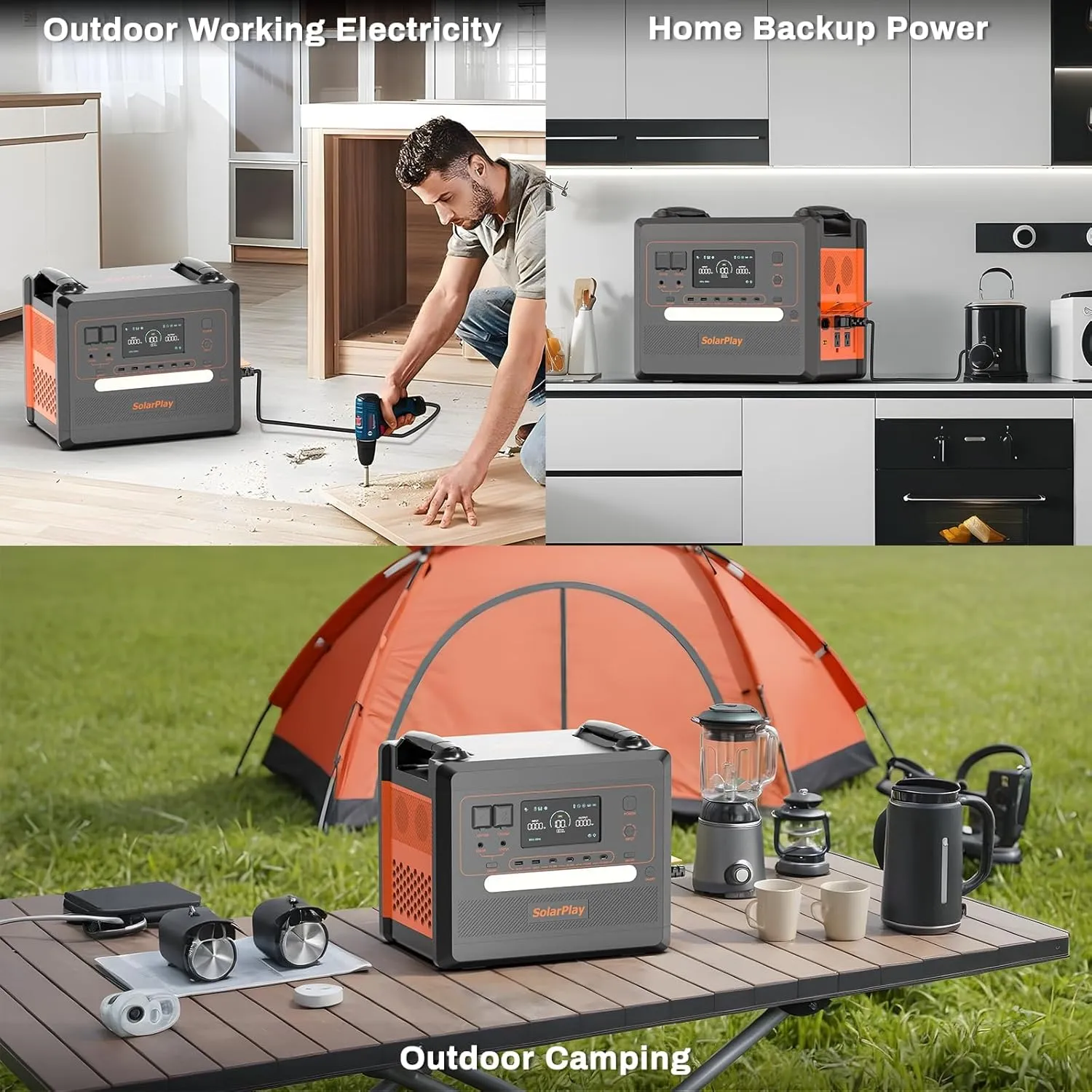 SOLARPLAY 2500W Portable Power Station(Peak 4800W), 2304Wh Solar Generator with 200W Solar Panel 1.5Hrs Fast Charging LFP Battery 4 AC Outlets Emergency Power Station for Home Camping Backup