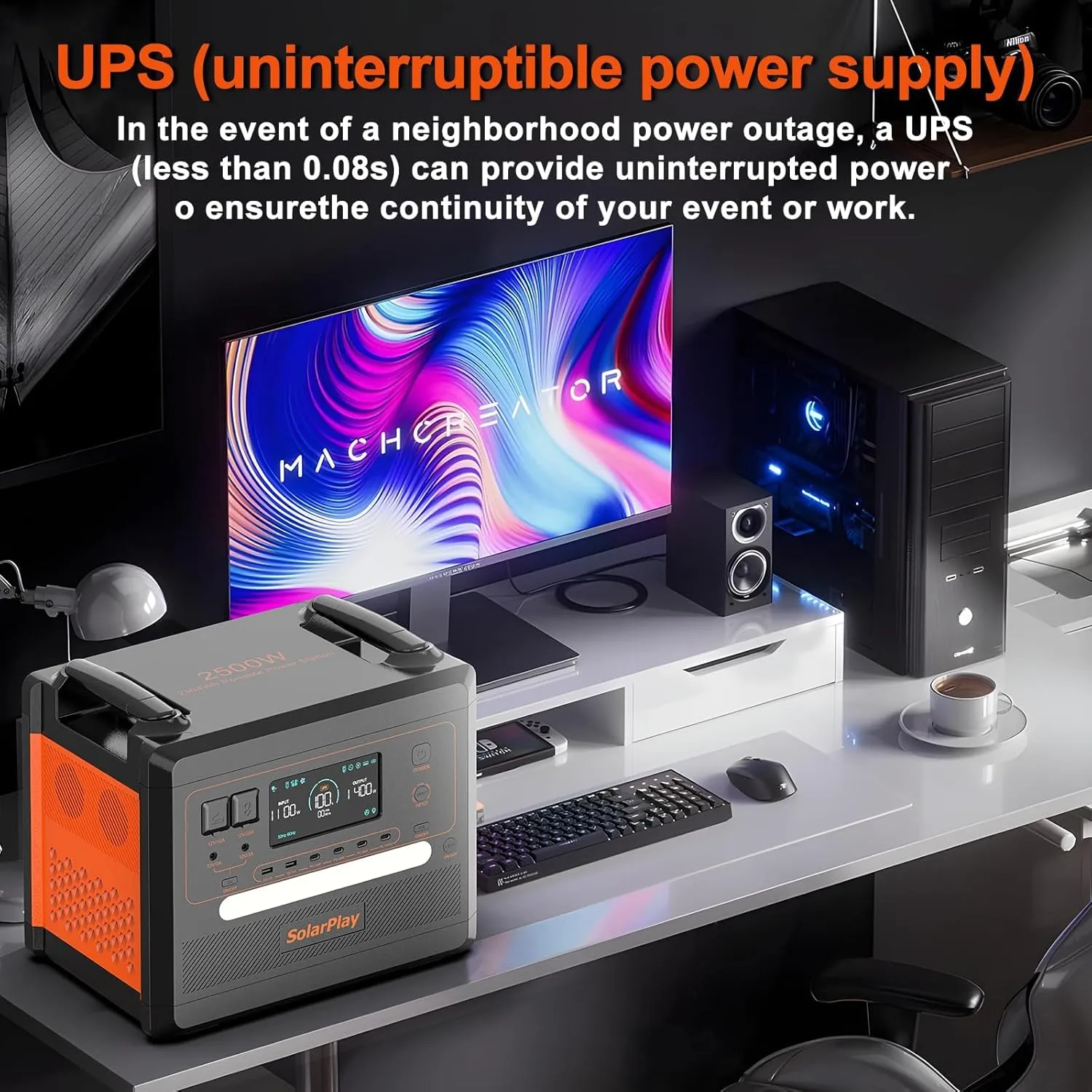 SOLARPLAY 2500W Portable Power Station(Peak 4800W), 2304Wh Solar Generator with 200W Solar Panel 1.5Hrs Fast Charging LFP Battery 4 AC Outlets Emergency Power Station for Home Camping Backup