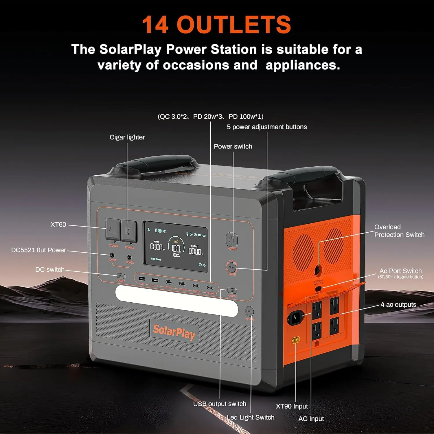 SOLARPLAY 2500W Portable Power Station(Peak 4800W), 2304Wh Solar Generator with 200W Solar Panel 1.5Hrs Fast Charging LFP Battery 4 AC Outlets Emergency Power Station for Home Camping Backup