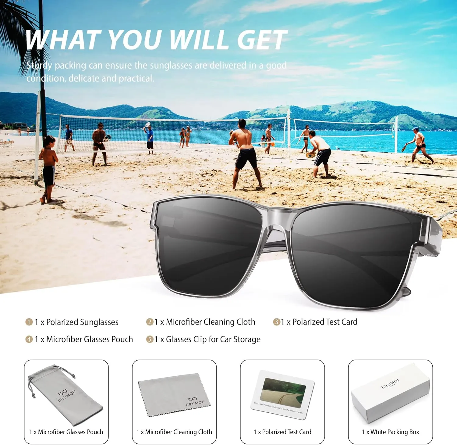 URUMQI Polarized Sunglasses Fit Over Glasses for Men Women, Oversized Square Sun Glasses UV400 Protection Shades