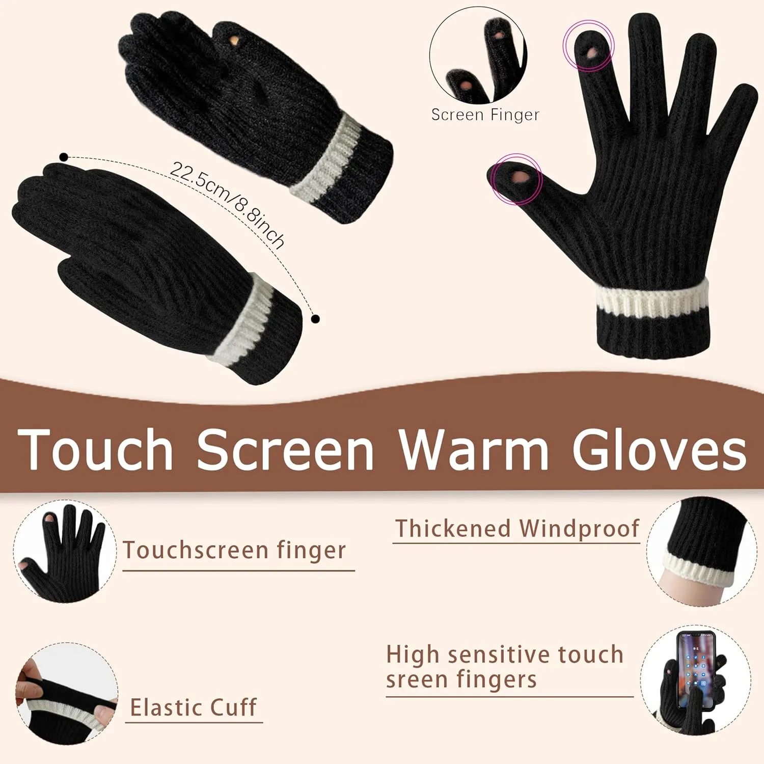 Winter Hat Scarf Gloves Set for Women Men, Warm Fleece Beanie Touchscreen Glove Thermal Scarves for Cold Weather U-SY-L1