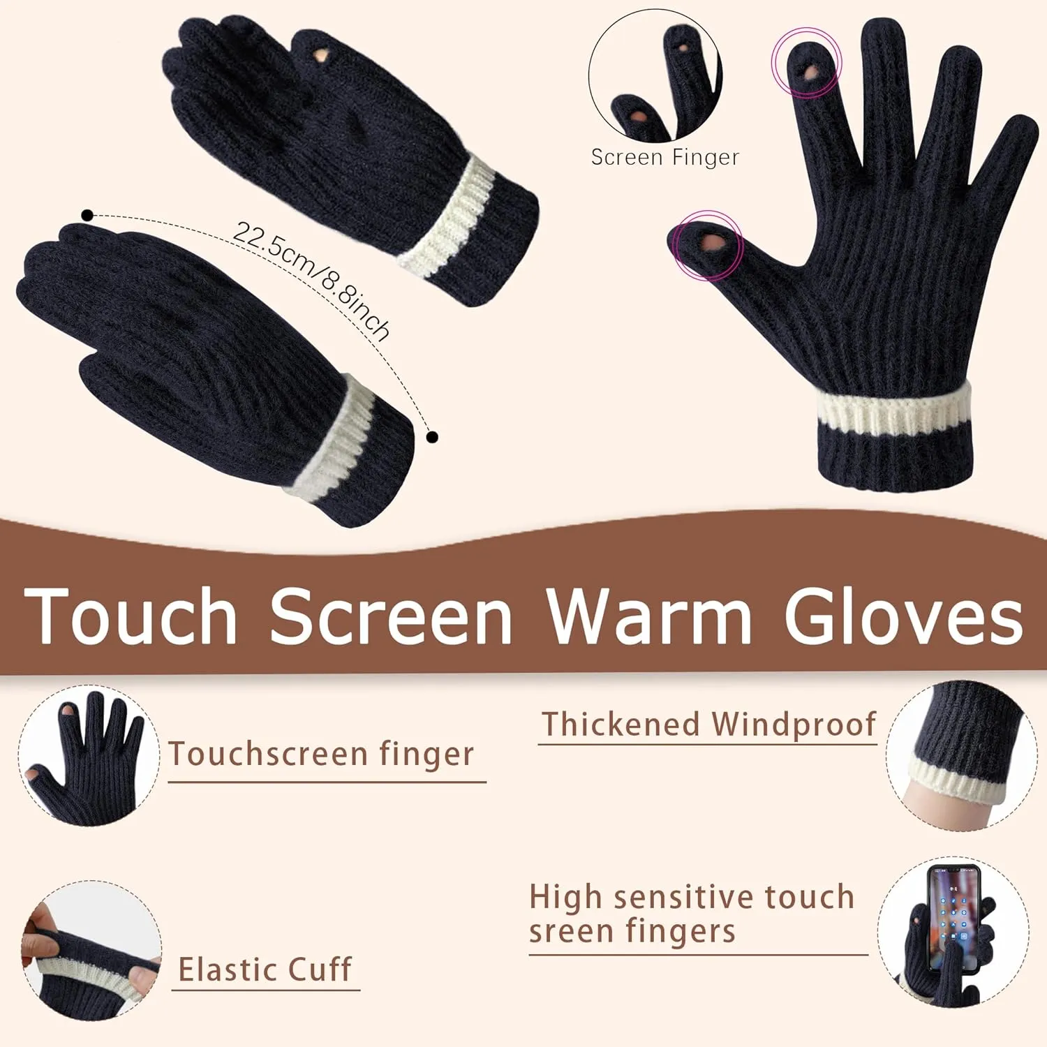 Winter Hat Scarf Gloves Set for Women Men, Warm Fleece Beanie Touchscreen Glove Thermal Scarves for Cold Weather U-SY-L1