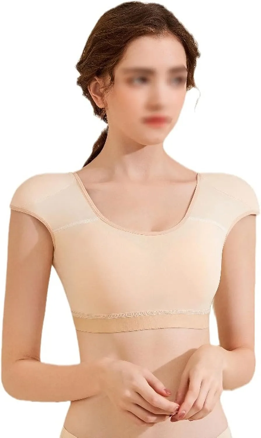 Women Hood Sports Short Sleeves 2 in 1 Built-in Shoulder Pad T Shirts Gym Fitness Sweatshirts Training,Beige-Medium