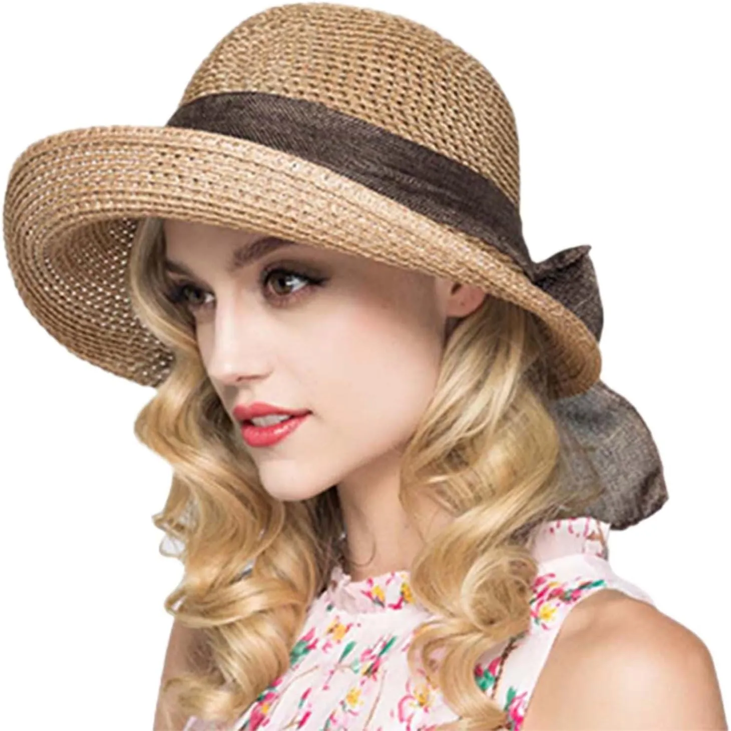 Women's Sun Hat Beach Hat Bowknot Wide Brim UPF 50  Foldable and Packable Hat s Birthday Easter