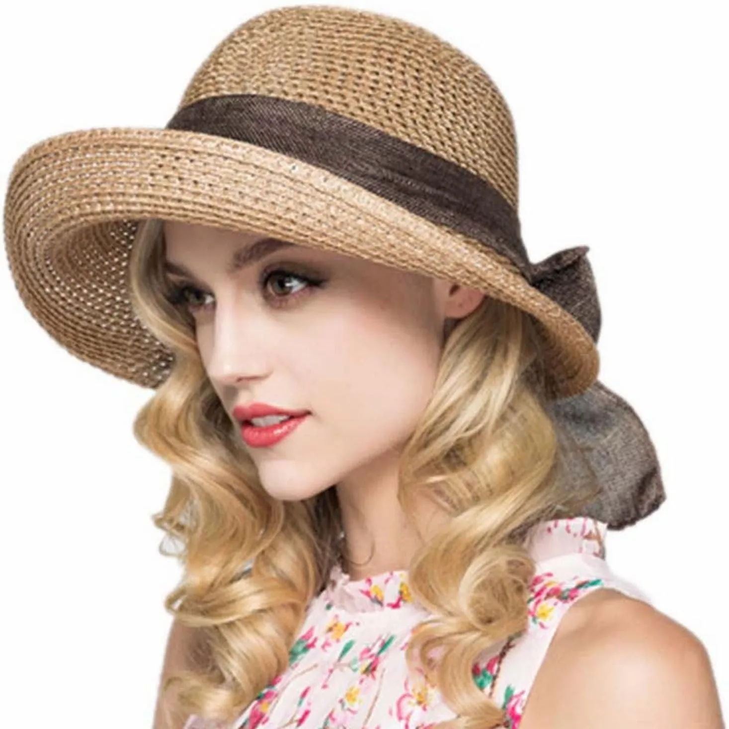 Women's Sun Hat Beach Hat Bowknot Wide Brim UPF 50  Foldable and Packable Hat s Birthday Easter